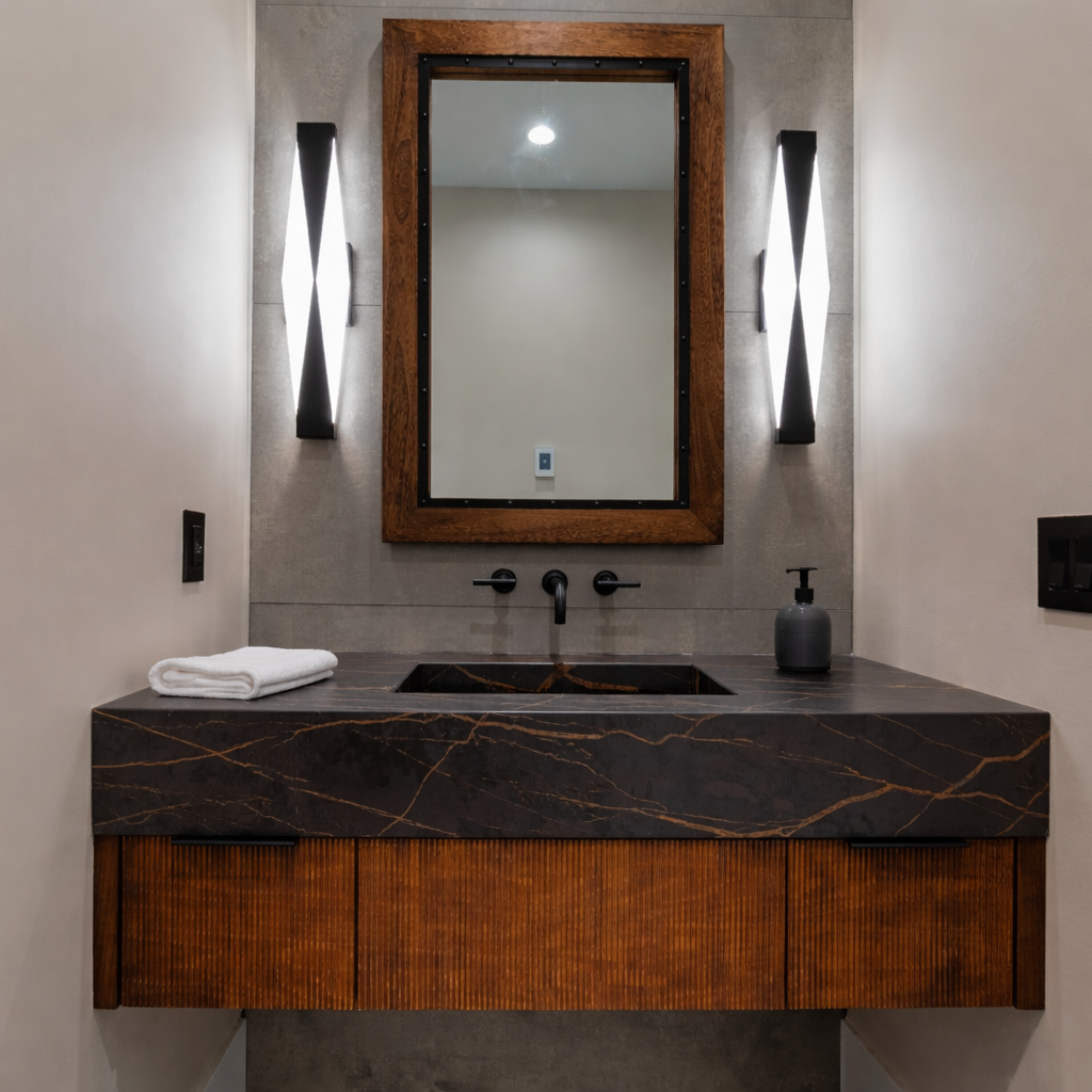 Powder room with black stone slab vanity and wood cabinetry