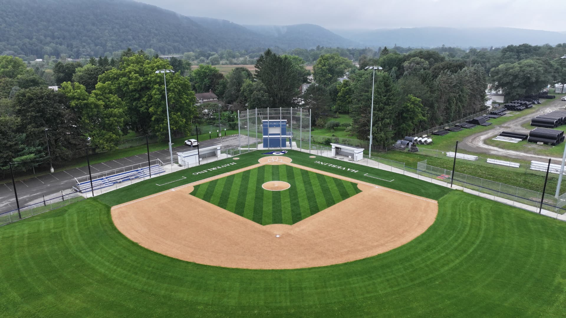 Wide aerial view of the Haverling varsity baseball field