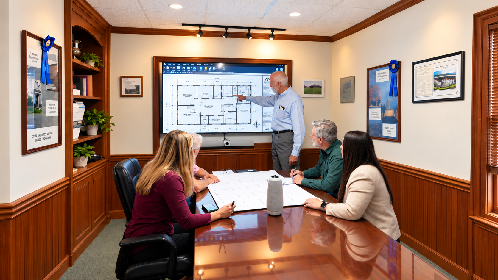 Project team reviewing plans together in the Iversen conference room