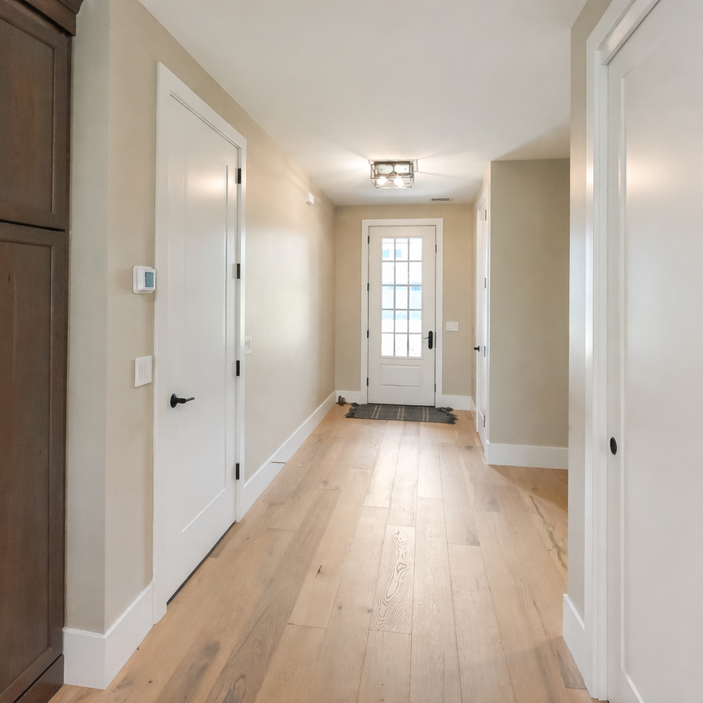 Entry hallway with white oak flooring and glass-panel front door