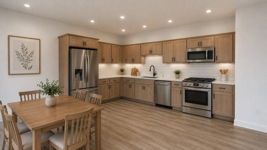 Kitchen with warm wood cabinetry and stainless appliances