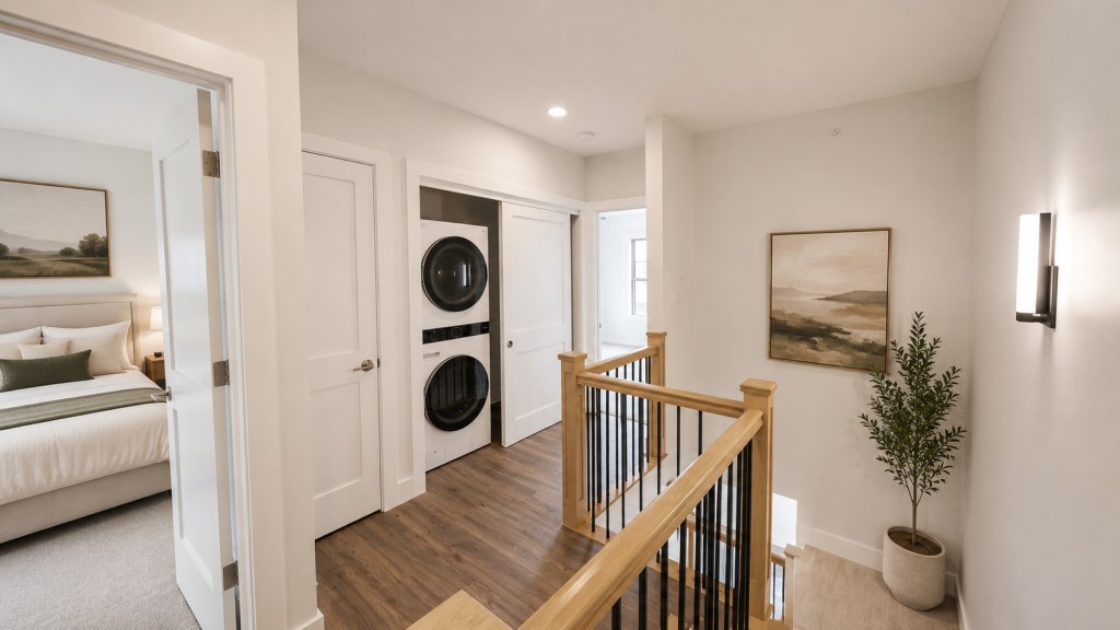 Upstairs landing with in-unit laundry and oak railing