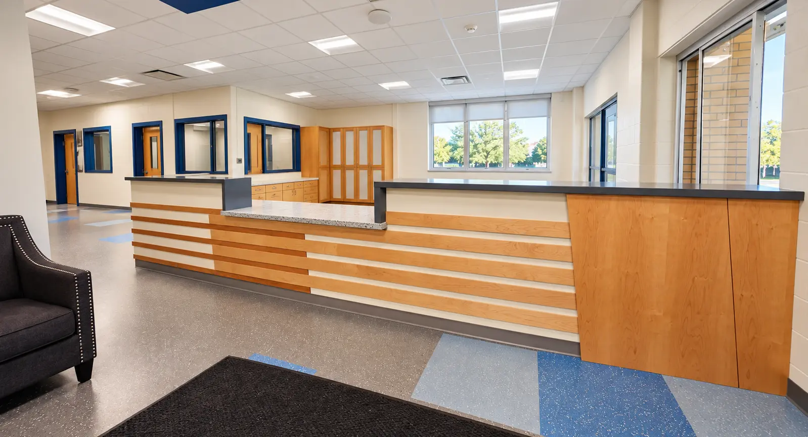 Custom wood reception desk and office millwork at Bath Central School District