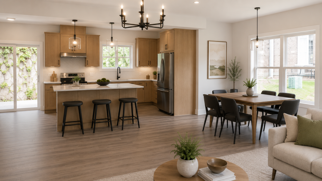 Kitchen and dining area with natural light and patio access