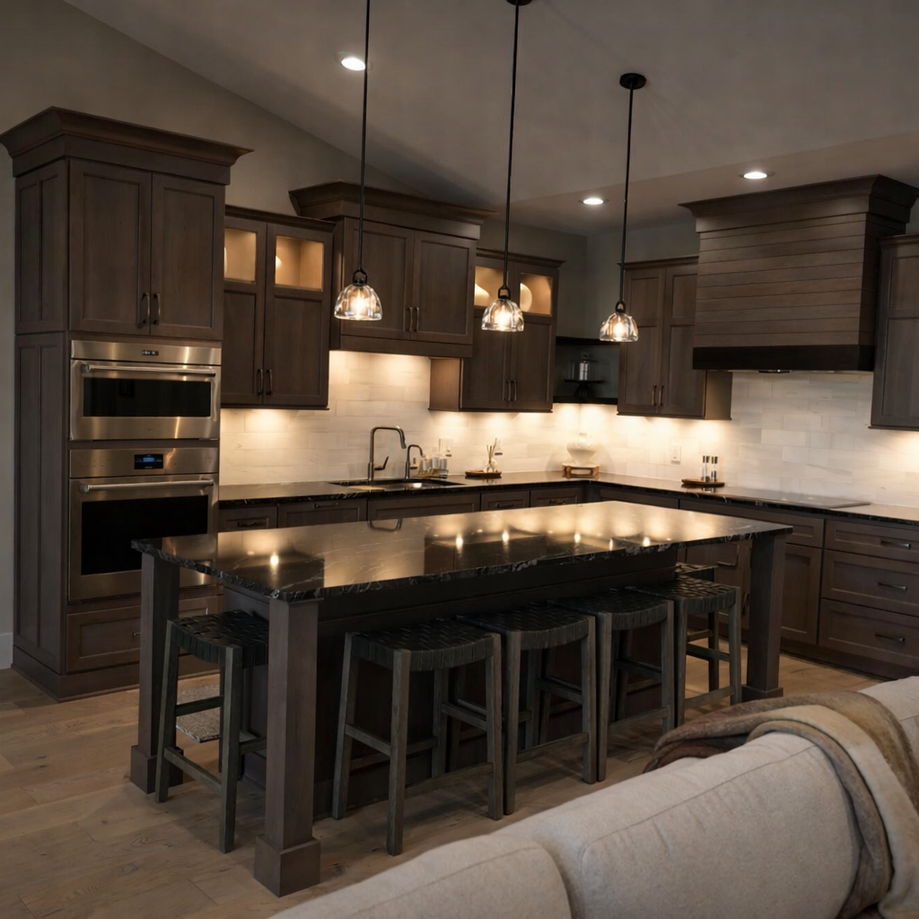 Kitchen with stained wood cabinetry, black stone island, and pendant lighting