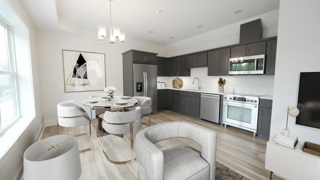 Living and dining space with charcoal kitchen cabinetry