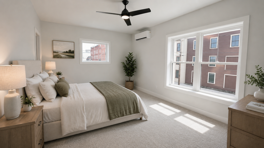 Bright bedroom with large windows and neutral finishes