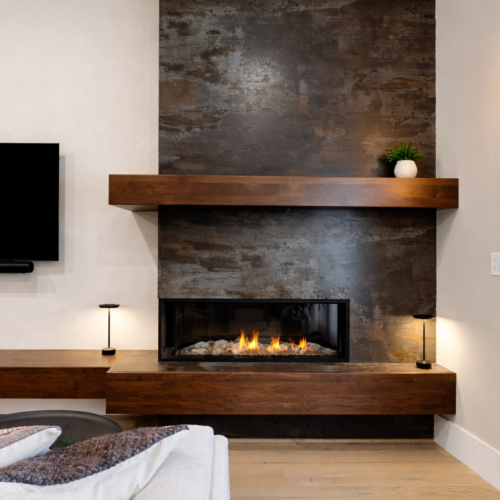 Linear gas fireplace with oxidized metal surround and walnut mantel