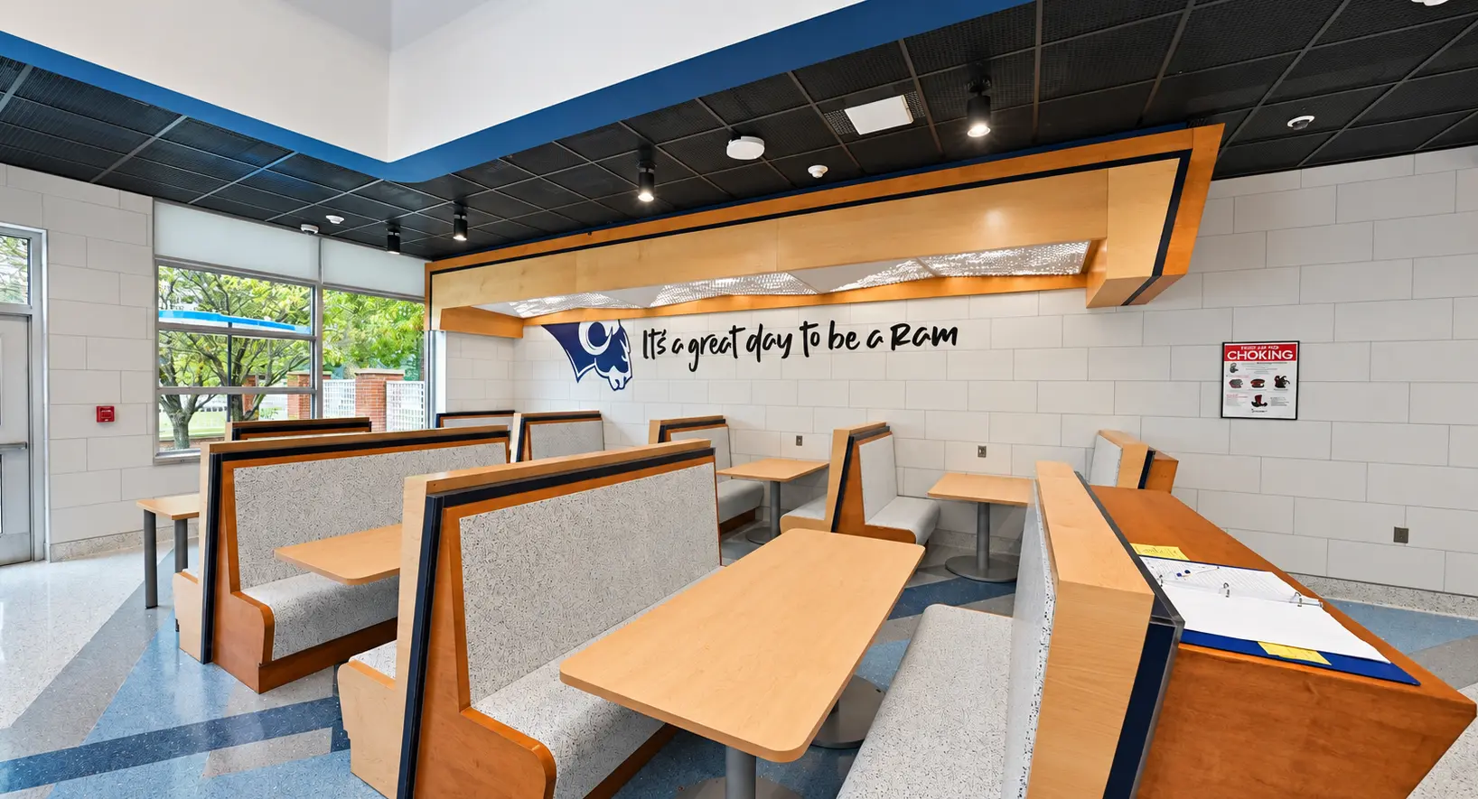 New cafeteria seating and millwork at Haverling Middle School, Bath Central School District
