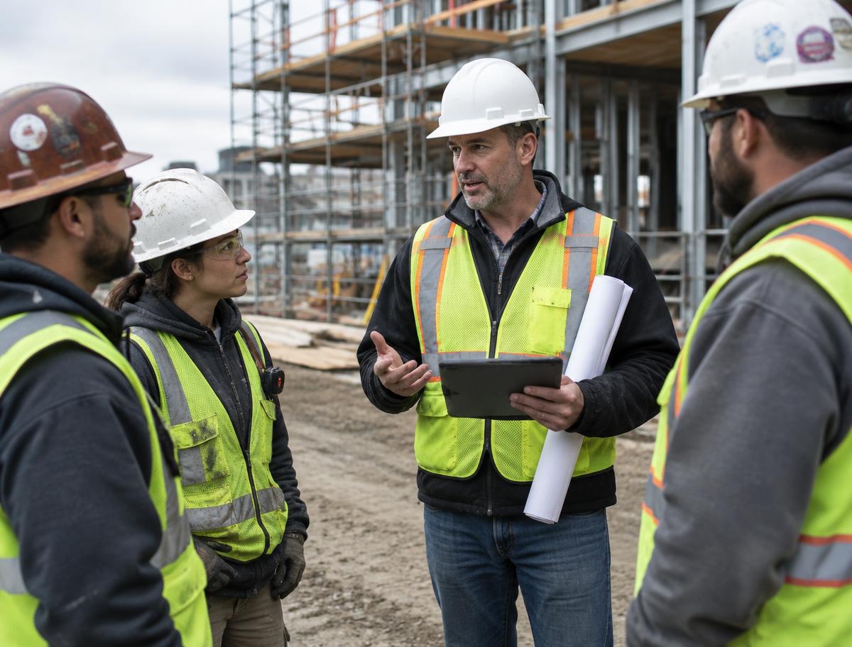 Superintendent going over the work with the crew on an active jobsite