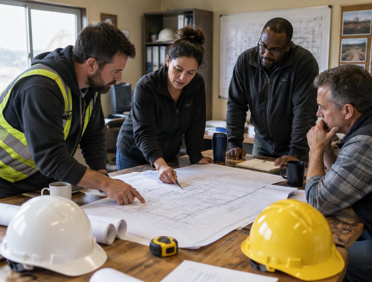Project team reviewing blueprints together in the Iversen office
